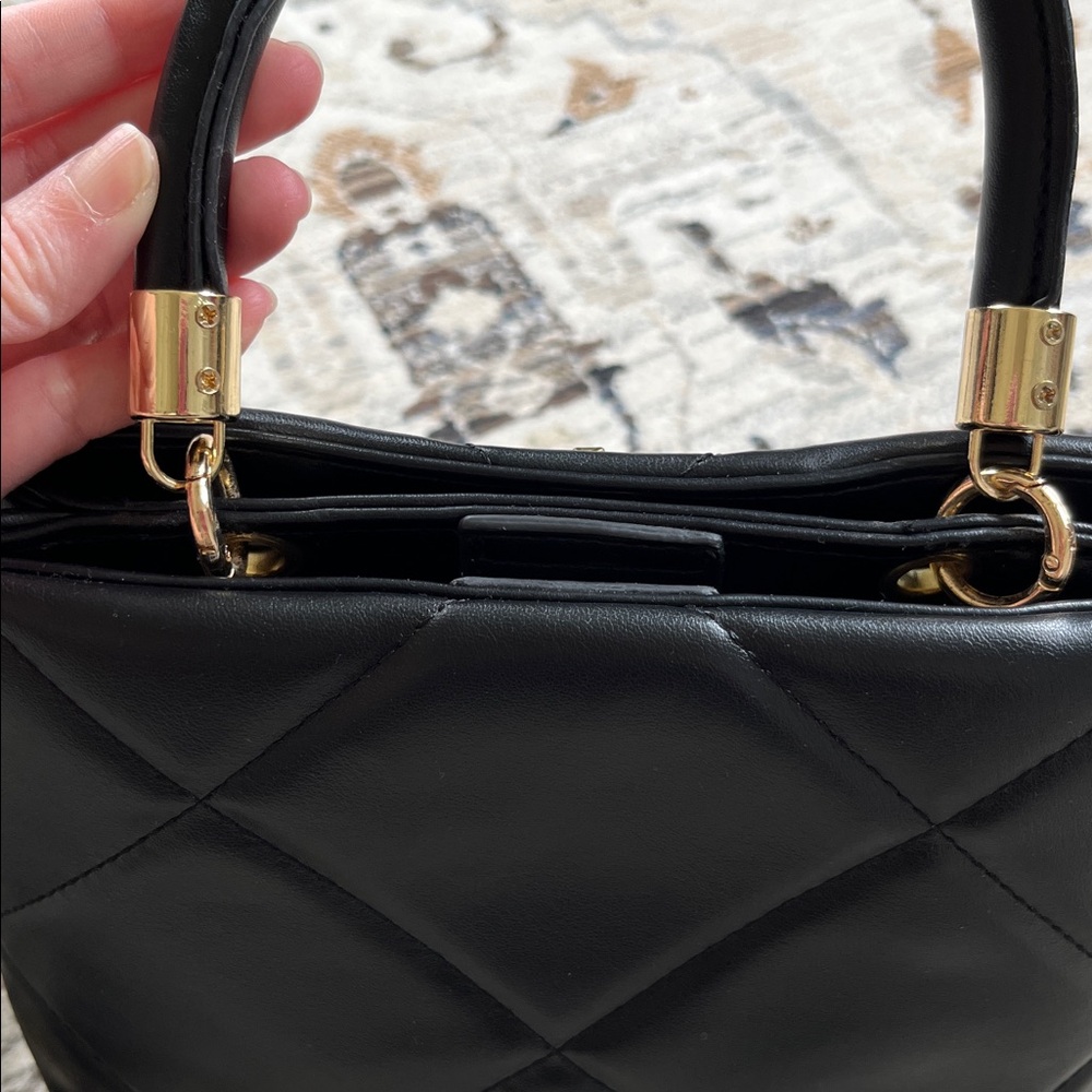 Black Quilted Handbag with Gold Accents - Picture 7 of 8
